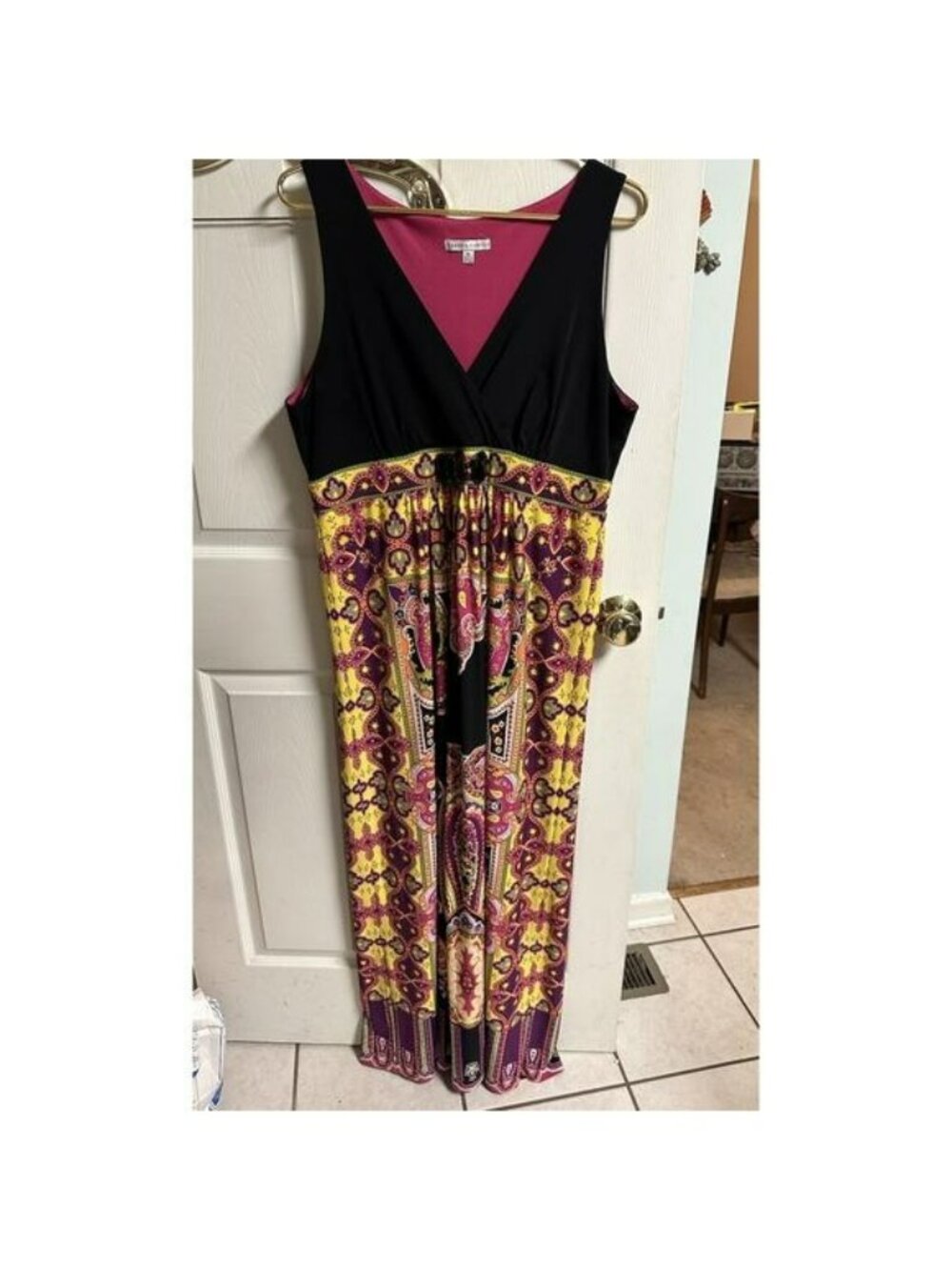 Sandra Darren Paisley Sleeveless Maxi Dress Fit Flare Xl 16 Black Yellow Pink